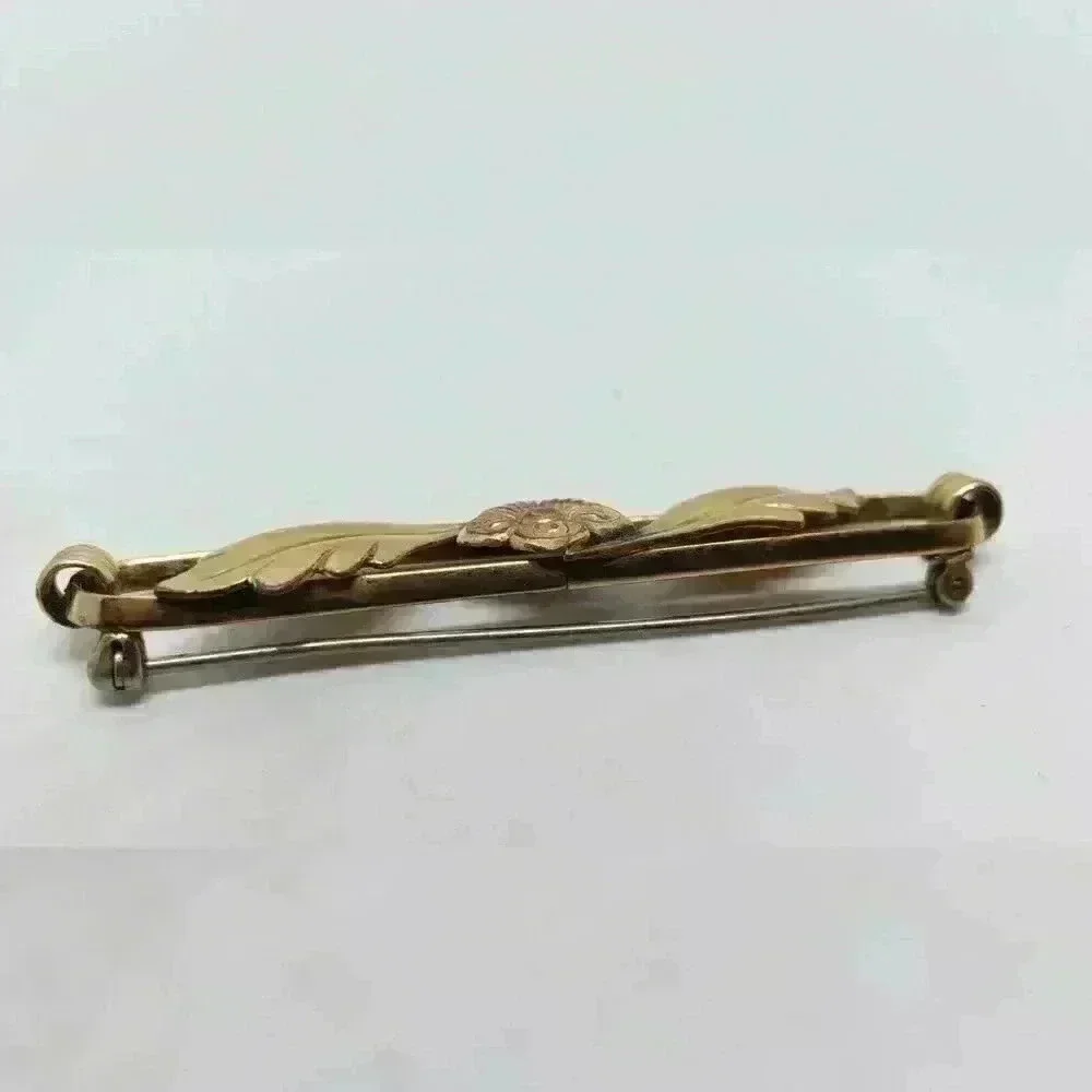 Gold Art Nouveau Brooch Rose Roses Leaves Brooch 12 Kt GF Vintage Repousse
